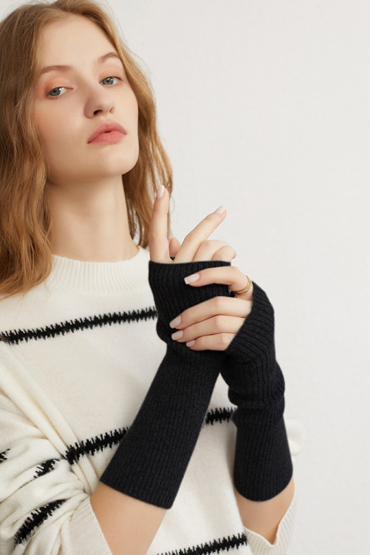 Donna – Guanti lunghi in puro cashmere – Polsini lunghi in maglia a coste