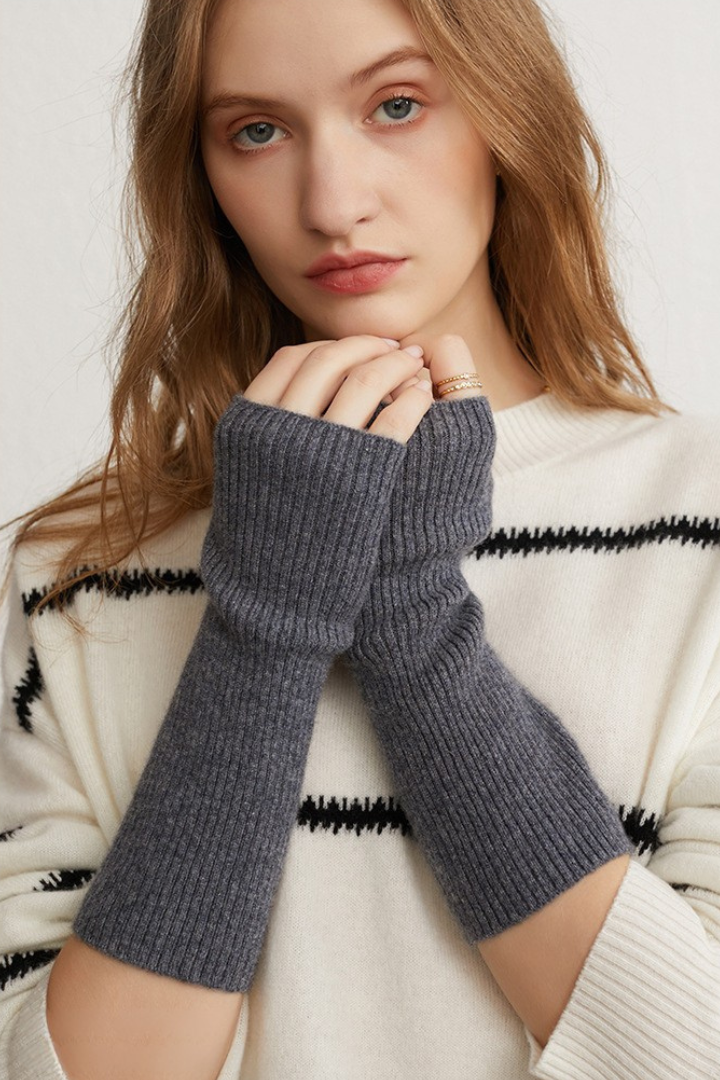 Donna – Guanti lunghi in puro cashmere – Polsini lunghi in maglia a coste