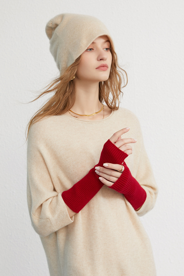 Donna – Guanti lunghi in puro cashmere – Polsini lunghi in maglia a coste