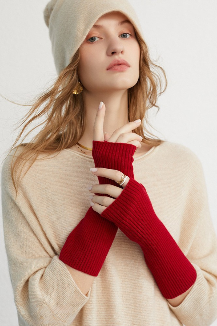 Donna – Guanti lunghi in puro cashmere – Polsini lunghi in maglia a coste