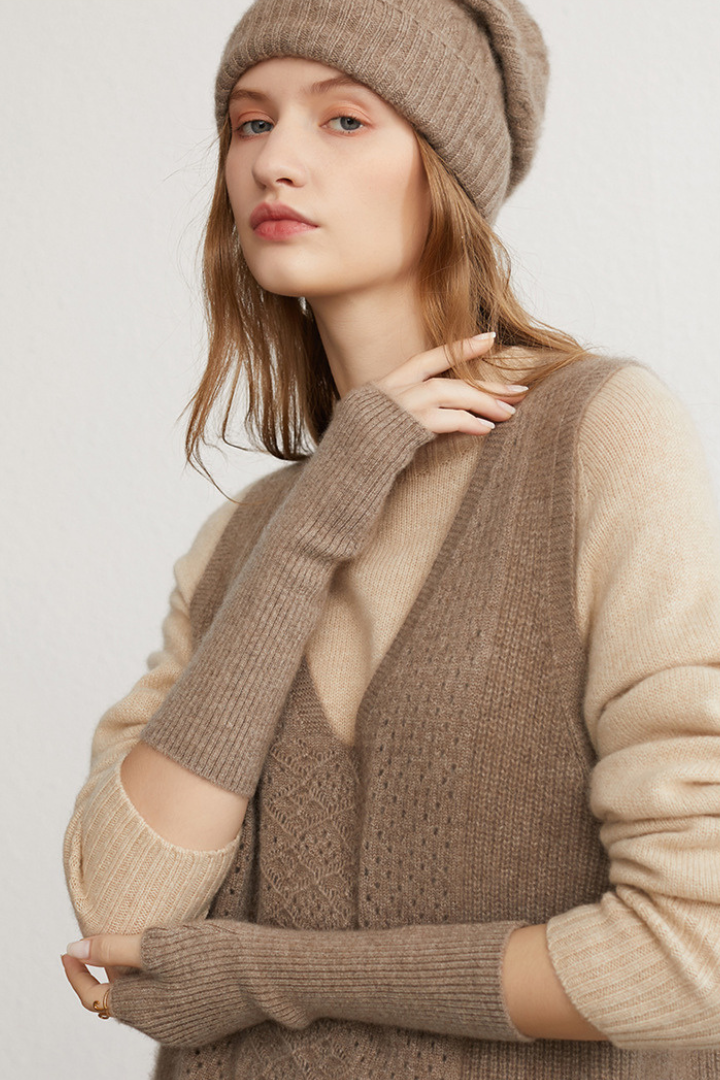 Donna – Guanti lunghi in puro cashmere – Polsini lunghi in maglia a coste