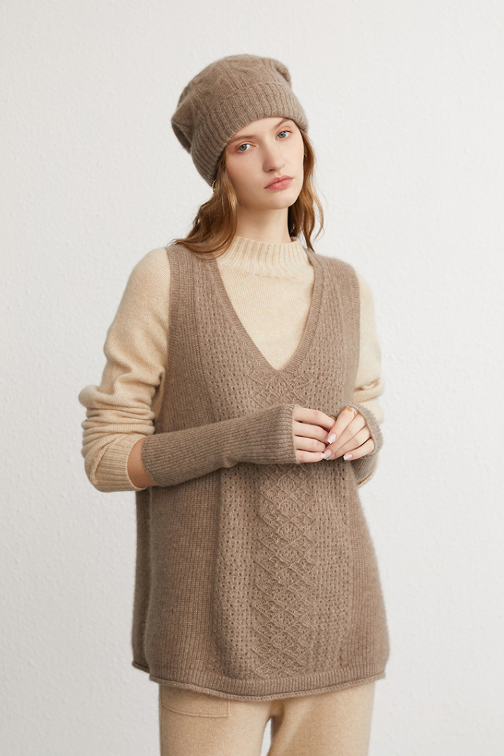 Donna – Guanti lunghi in puro cashmere – Polsini lunghi in maglia a coste