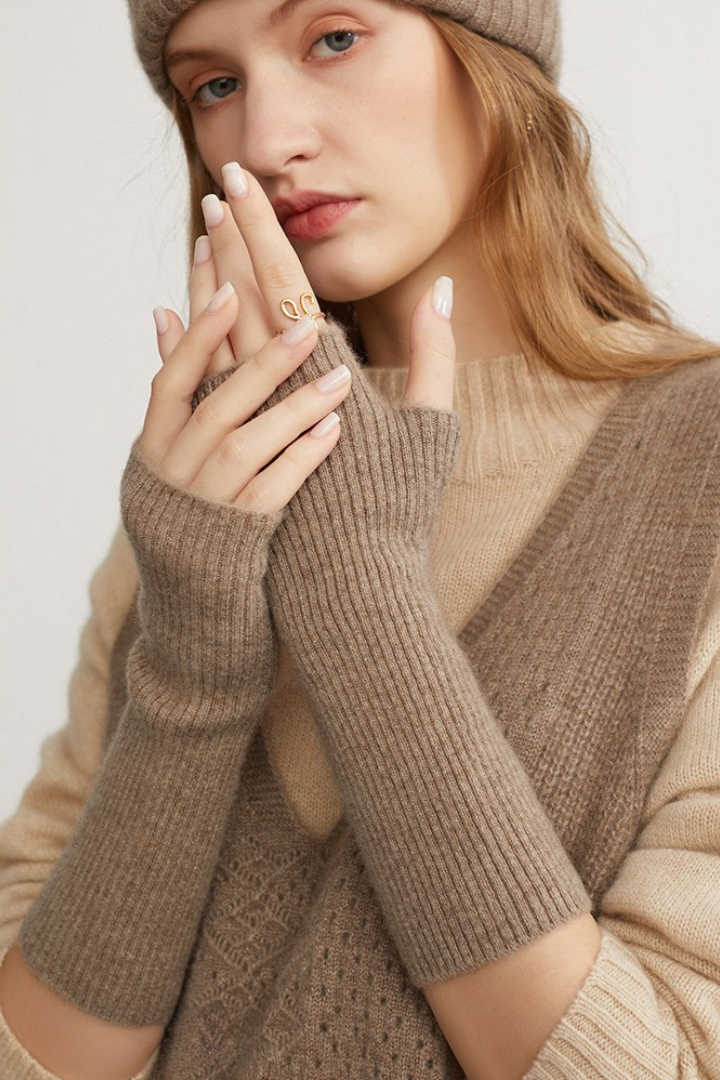 Donna – Guanti lunghi in puro cashmere – Polsini lunghi in maglia a coste