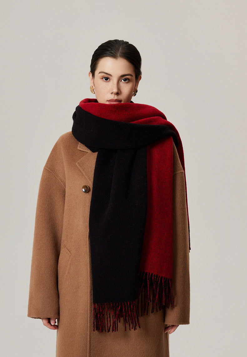 Femme – Écharpe Couverture Réversible en Laine d’Agneau – Grande Taille à Franges