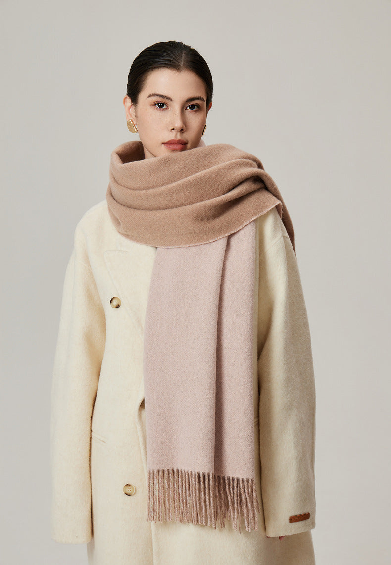 Femme – Écharpe Couverture Réversible en Laine d’Agneau – Grande Taille à Franges