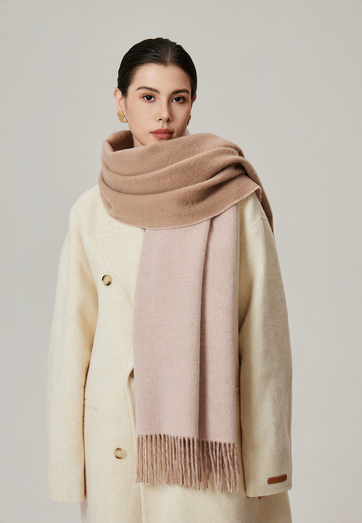 Femme – Écharpe Couverture Réversible en Laine d’Agneau – Grande Taille à Franges