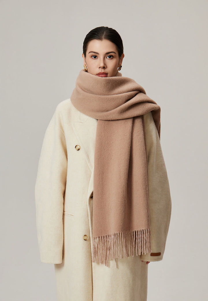 Femme – Écharpe Couverture Réversible en Laine d’Agneau – Grande Taille à Franges