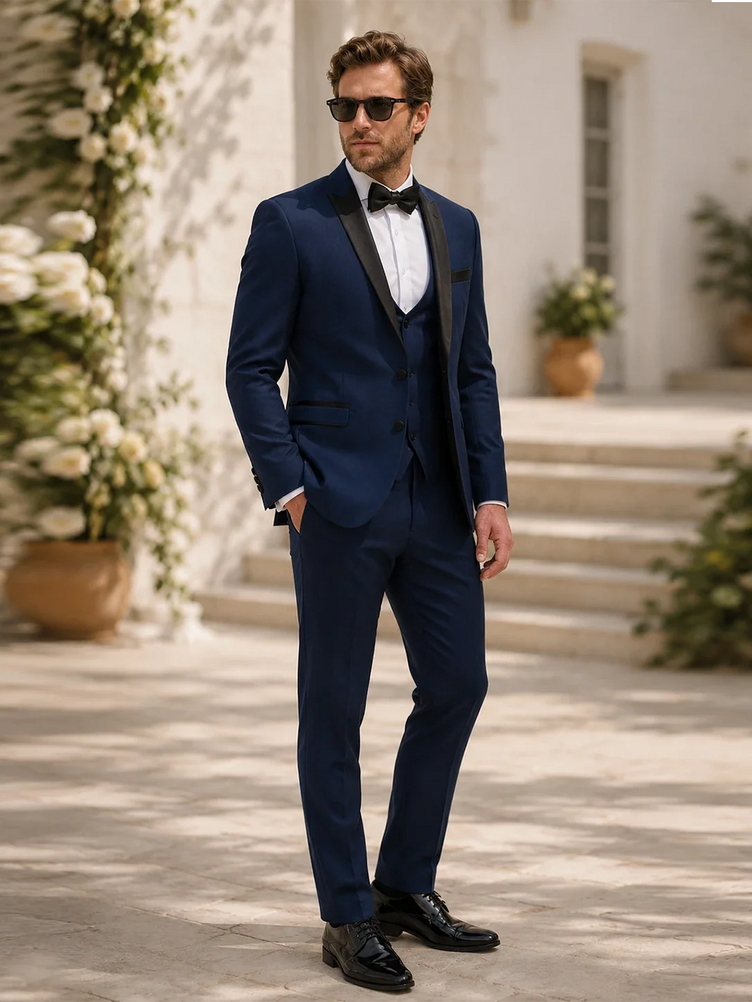 Costume Trois Pièces Homme Coupe Slim avec Col Peak en Satin et Gilet Cinq Boutons