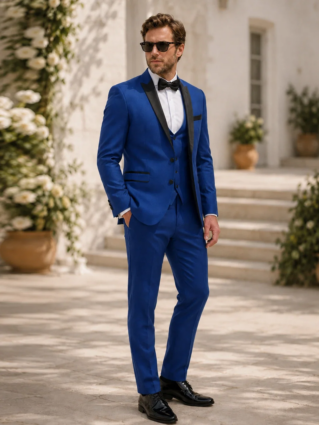 Costume Trois Pièces Homme Coupe Slim avec Col Peak en Satin et Gilet Cinq Boutons