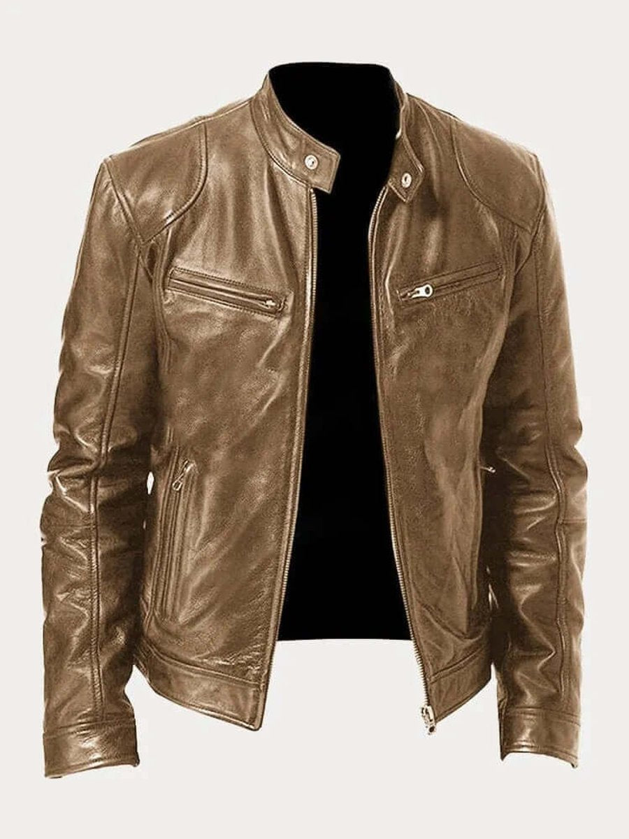 Blouson Motard Homme En Cuir Col Montant Zippé