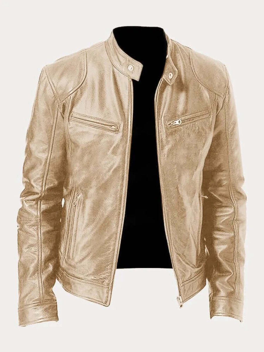 Blouson Motard Homme En Cuir Col Montant Zippé
