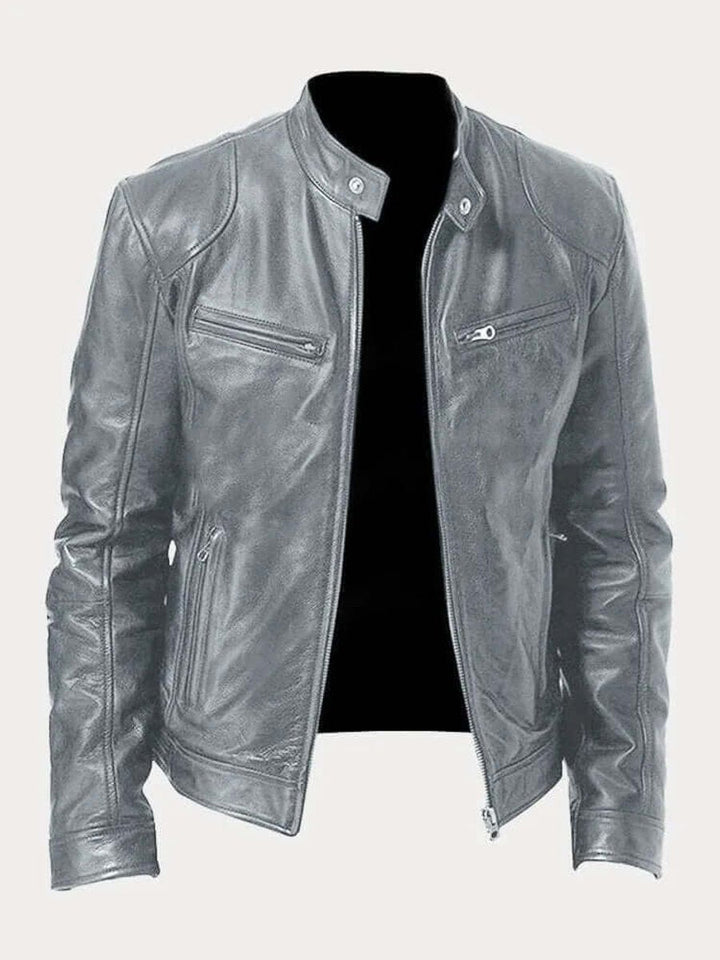 Blouson Motard Homme En Cuir Col Montant Zippé
