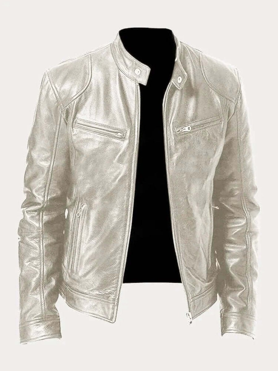 Blouson Motard Homme En Cuir Col Montant Zippé