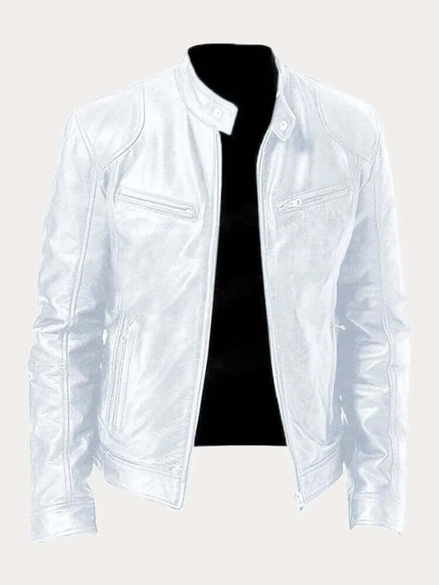 Blouson Motard Homme En Cuir Col Montant Zippé