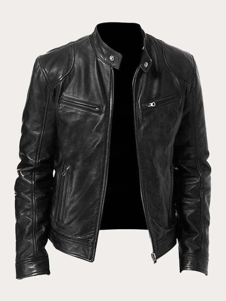 Blouson Motard Homme En Cuir Col Montant Zippé