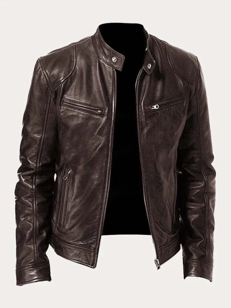Blouson Motard Homme En Cuir Col Montant Zippé