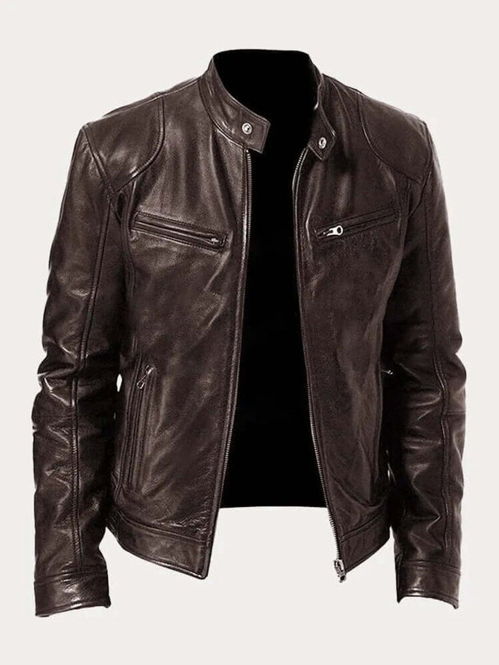 Blouson Motard Homme En Cuir Col Montant Zippé