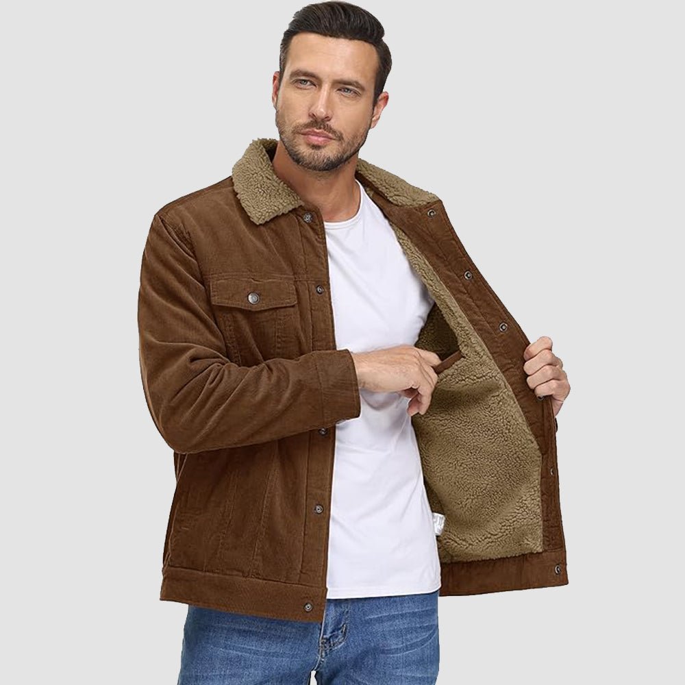 Veste en Velours Côtelé Homme Doublée Sherpa Boutons Pression