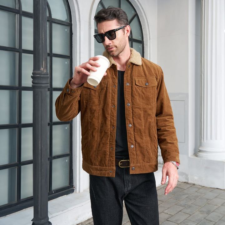 Veste en Velours Côtelé Homme Doublée Sherpa Boutons Pression