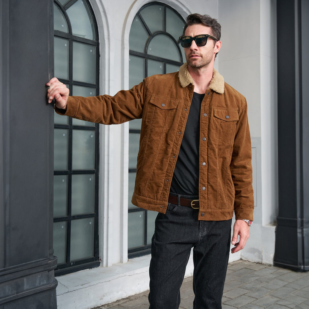 Veste en Velours Côtelé Homme Doublée Sherpa Boutons Pression