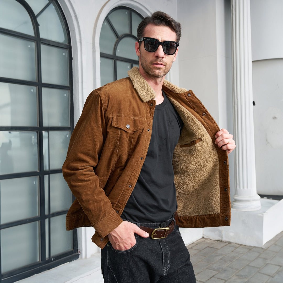 Veste en Velours Côtelé Homme Doublée Sherpa Boutons Pression