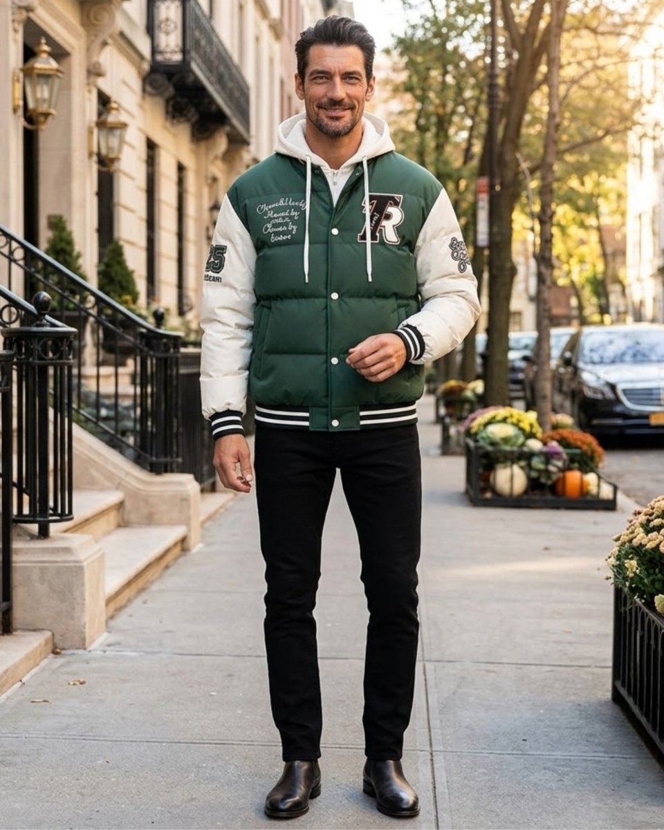 Piumino da uomo trapuntato con cappuccio in stile varsity