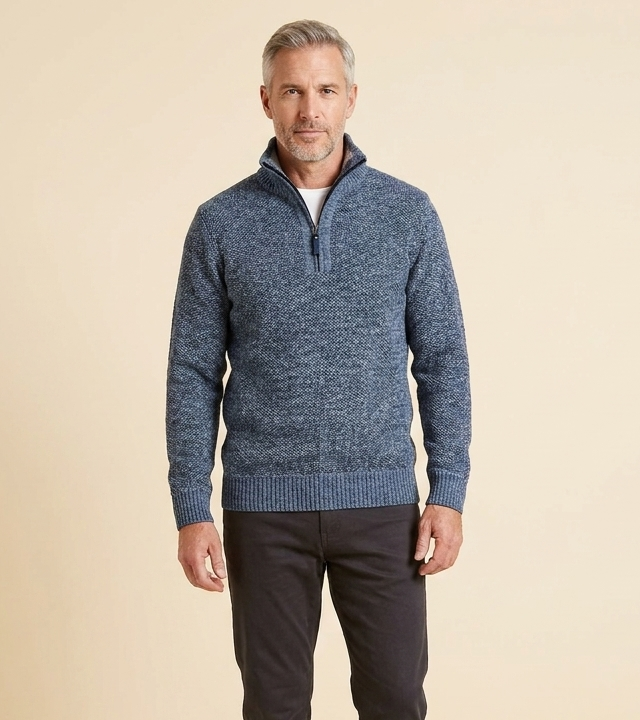 Maglione da uomo con mezza cerniera, collo rialzato, lavorazione a maglia calda e vestibilità aderente