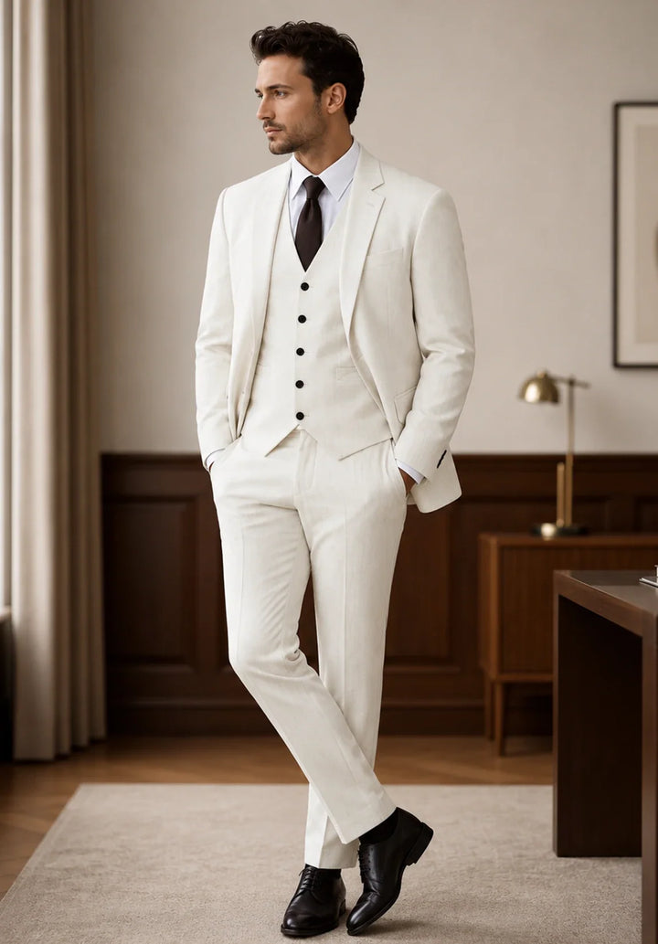 Costume Trois Pièces Homme Coupe Ajustée avec Col Notch et Gilet Six Boutons