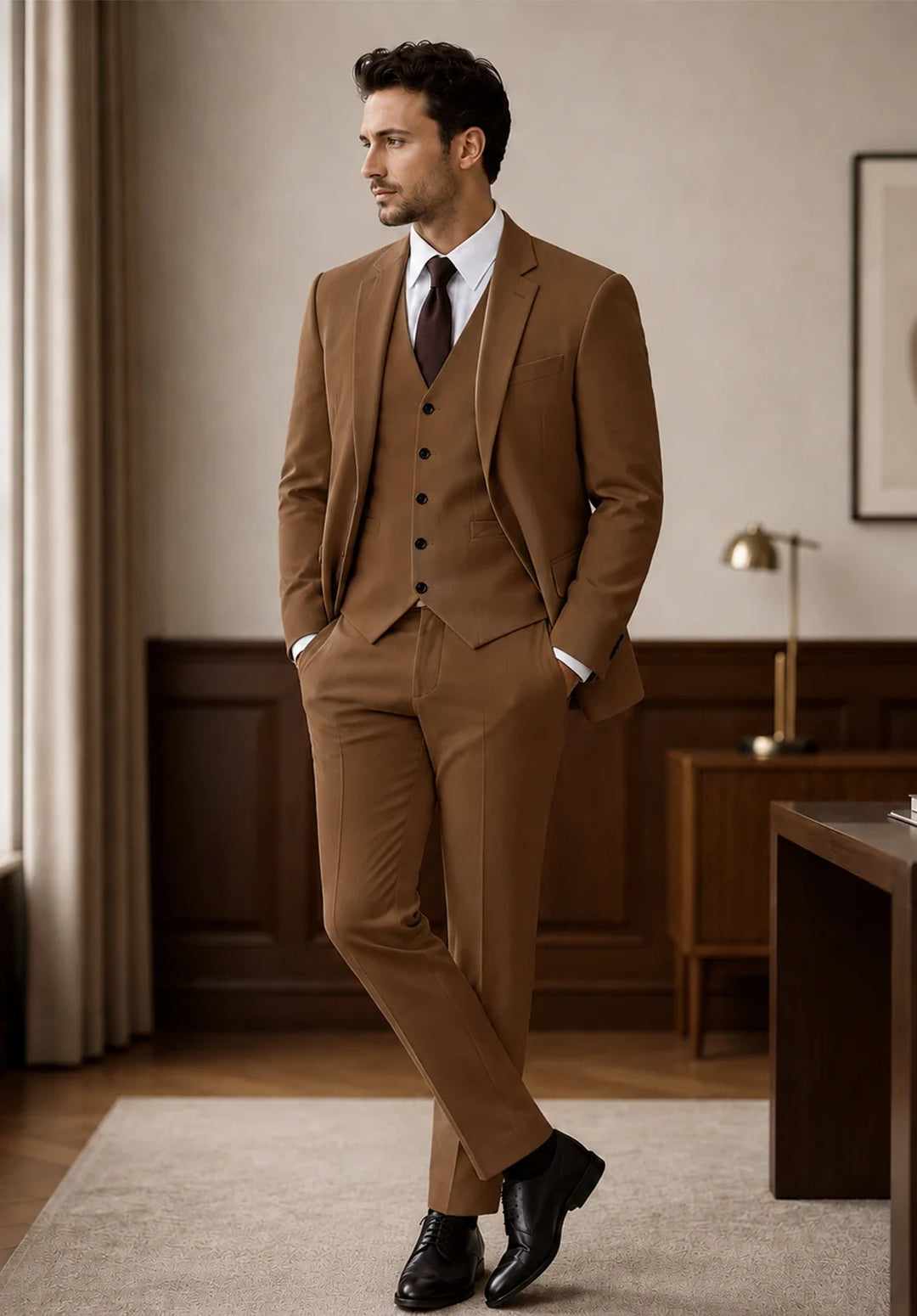 Costume Trois Pièces Homme Coupe Ajustée avec Col Notch et Gilet Six Boutons