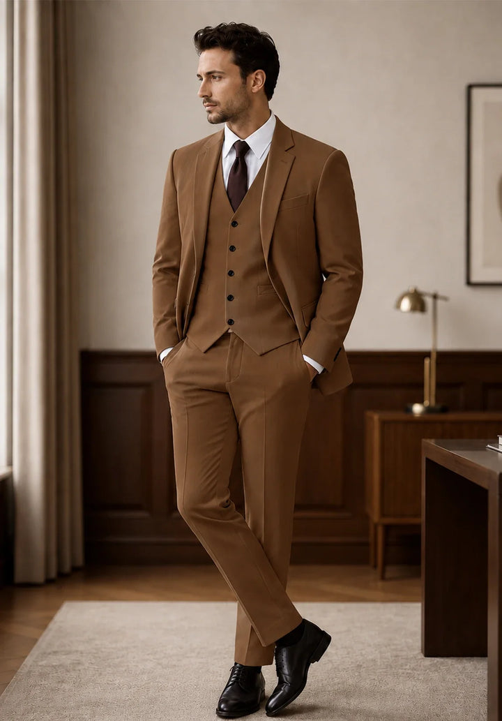 Costume Trois Pièces Homme Coupe Ajustée avec Col Notch et Gilet Six Boutons