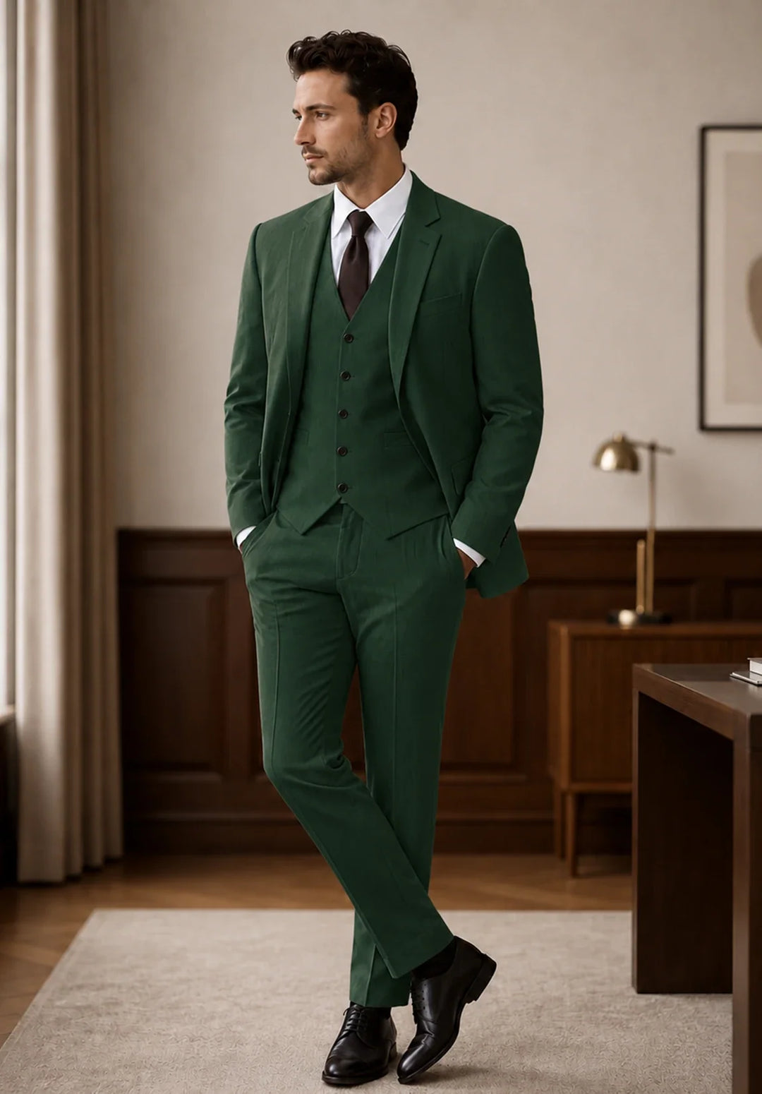 Costume Trois Pièces Homme Coupe Ajustée avec Col Notch et Gilet Six Boutons
