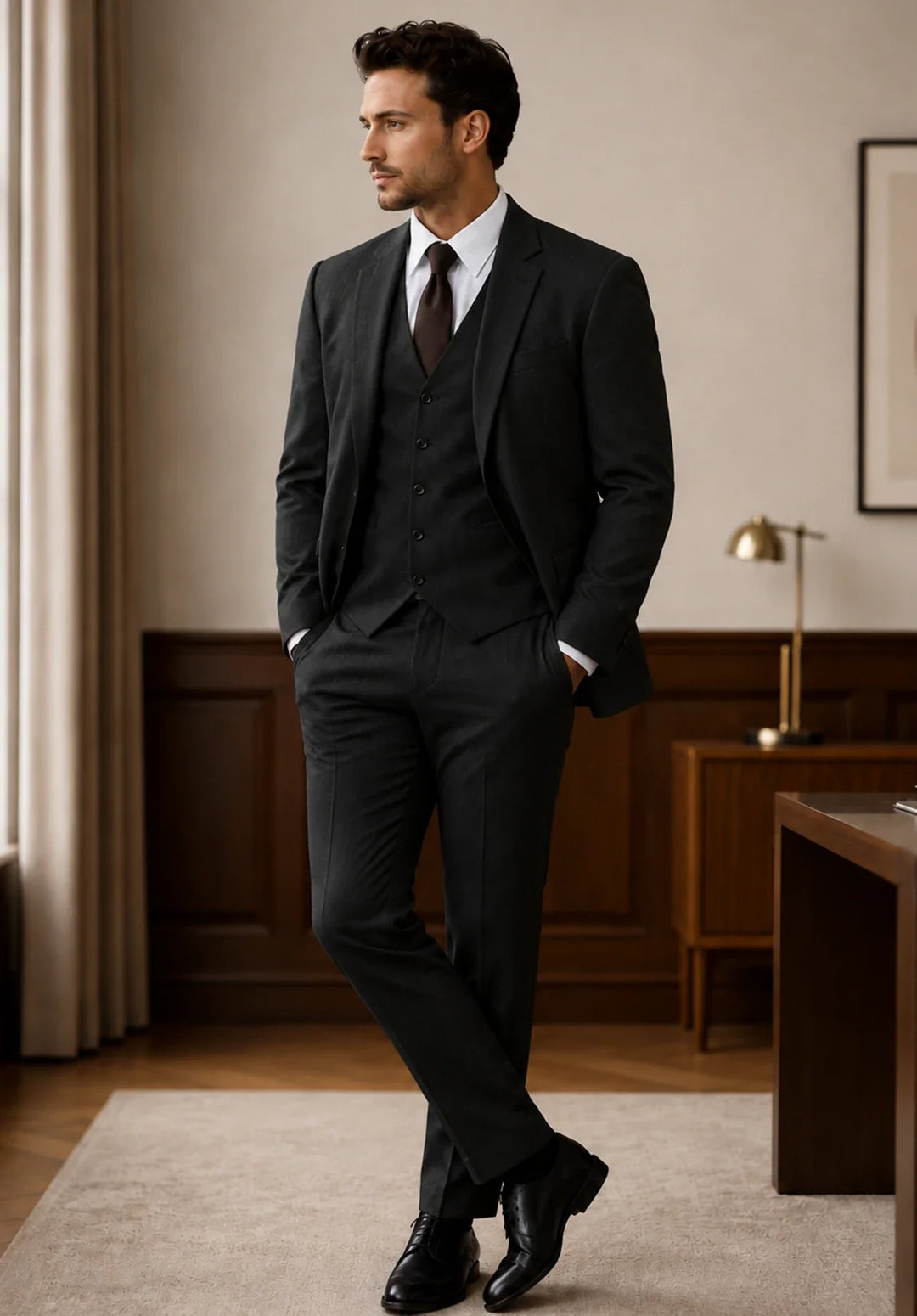 Costume Trois Pièces Homme Coupe Ajustée avec Col Notch et Gilet Six Boutons