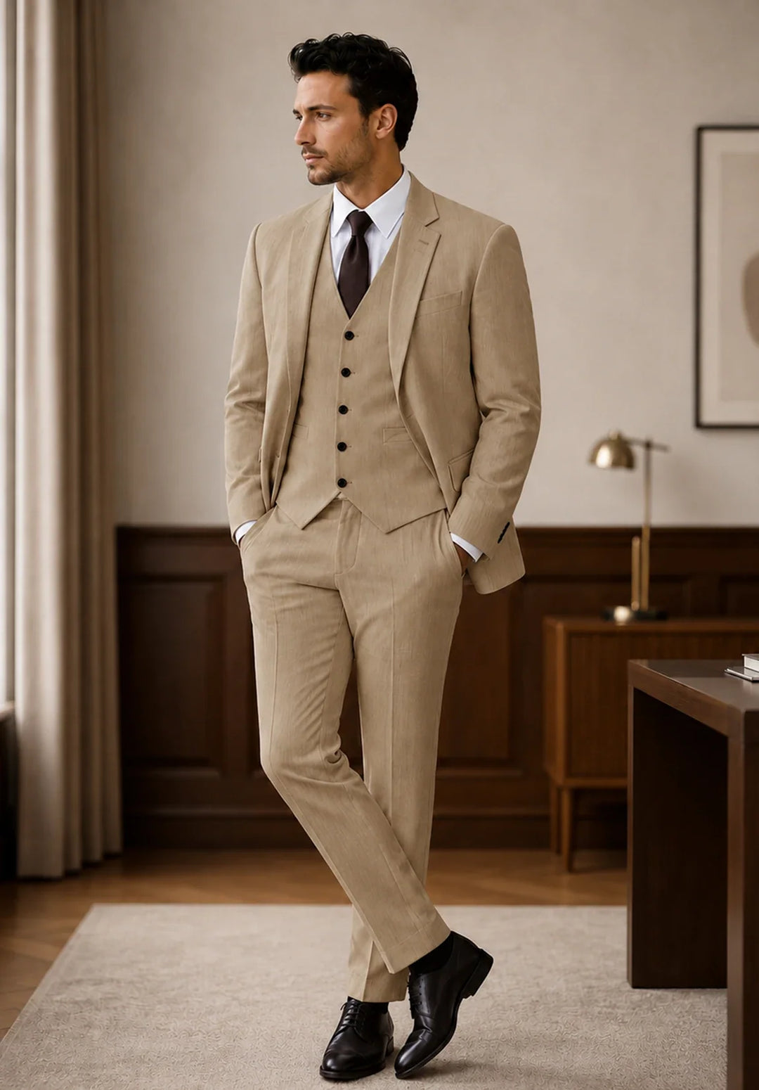 Costume Trois Pièces Homme Coupe Ajustée avec Col Notch et Gilet Six Boutons