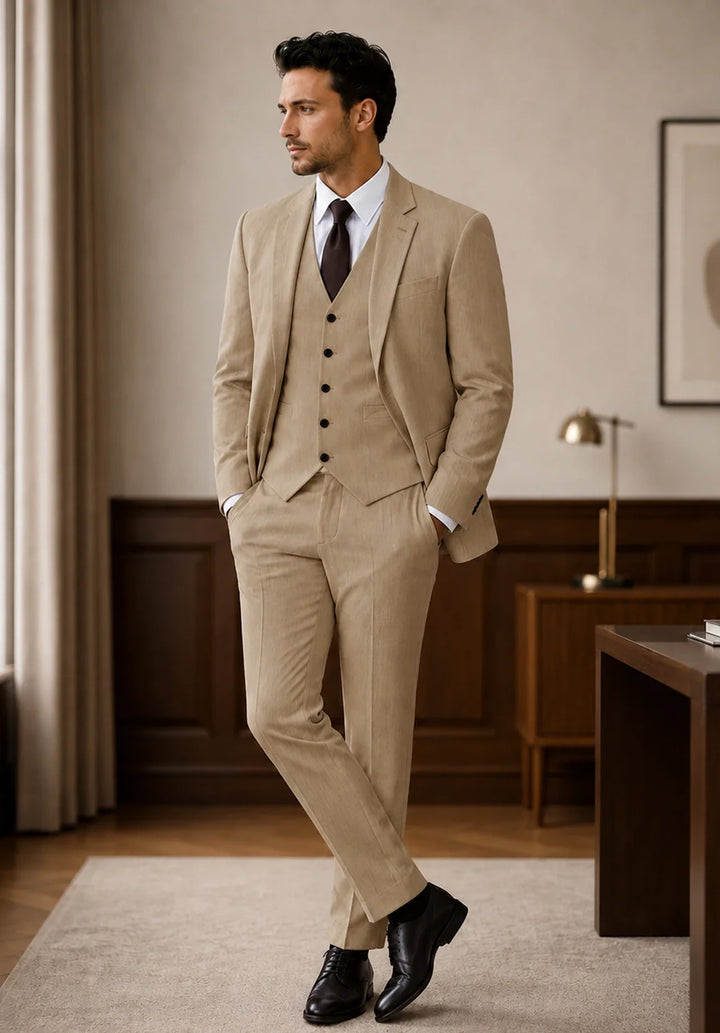 Costume Trois Pièces Homme Coupe Ajustée avec Col Notch et Gilet Six Boutons