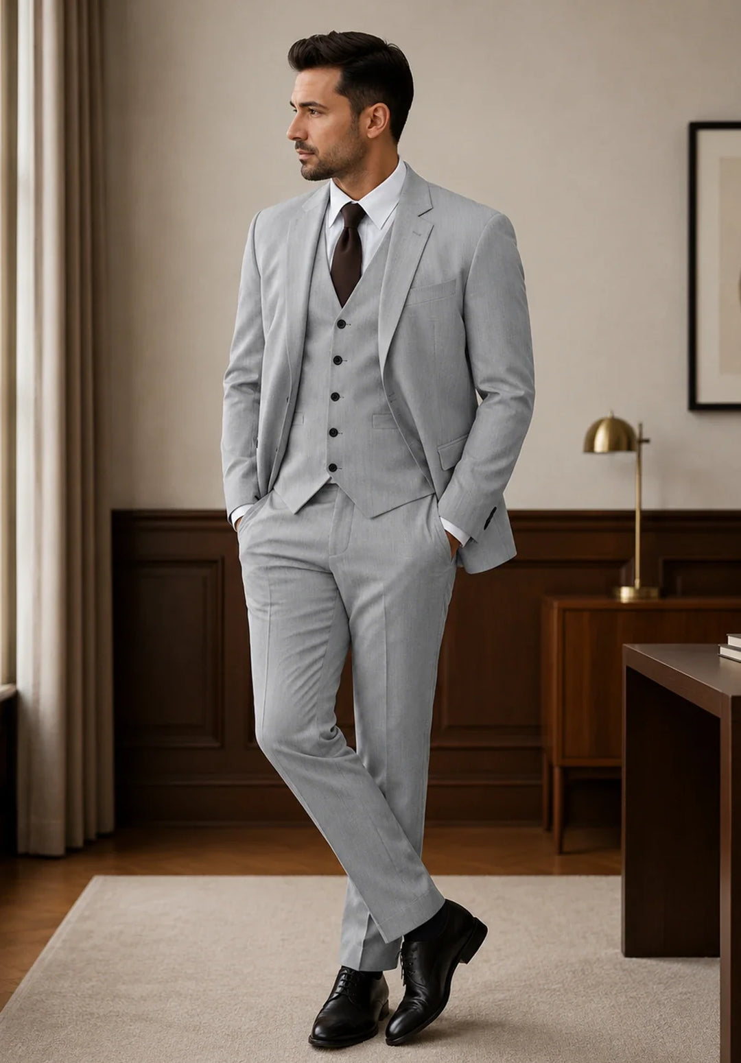 Costume Trois Pièces Homme Coupe Ajustée avec Col Notch et Gilet Six Boutons
