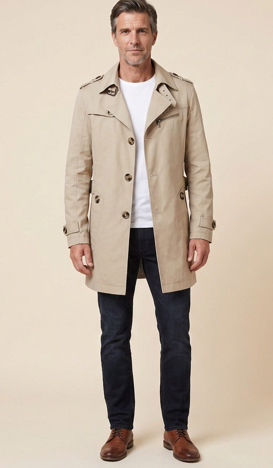 Knielanger Trenchcoat für Herren mit verstellbarem Gürtel und Schulterklappen