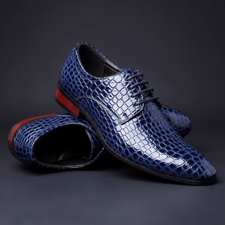 Męskie buty oxfordy ze skóry o fakturze krokodyla, z czerwonym detalem na pięcie