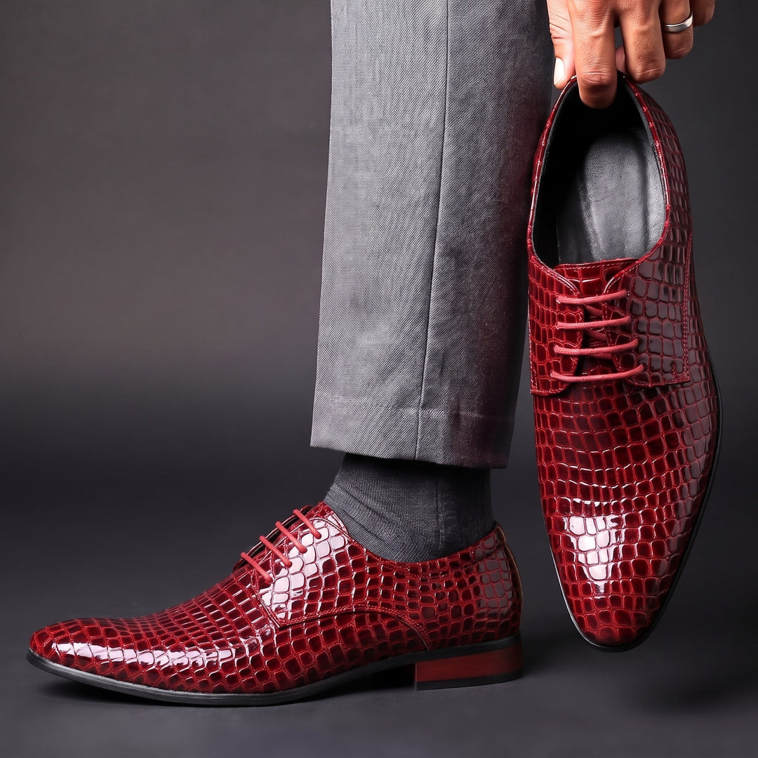 Męskie buty oxfordy ze skóry o fakturze krokodyla, z czerwonym detalem na pięcie