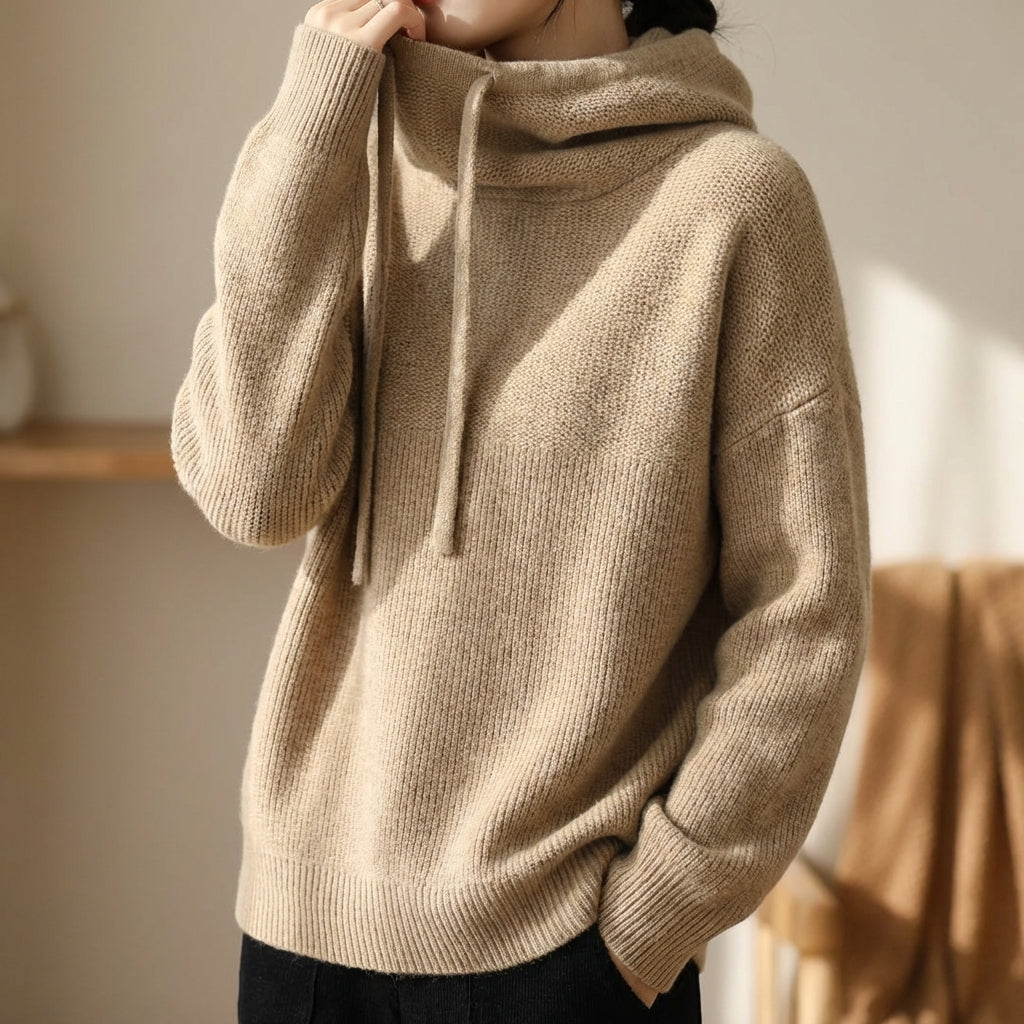 Felpa con cappuccio da donna in lana merino, vestibilità comoda con coulisse