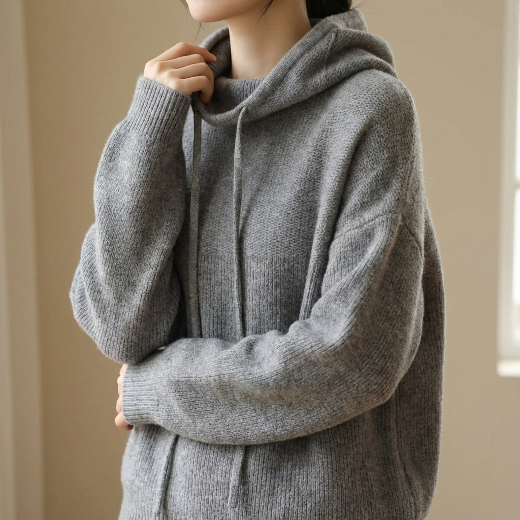 Felpa con cappuccio da donna in lana merino, vestibilità comoda con coulisse