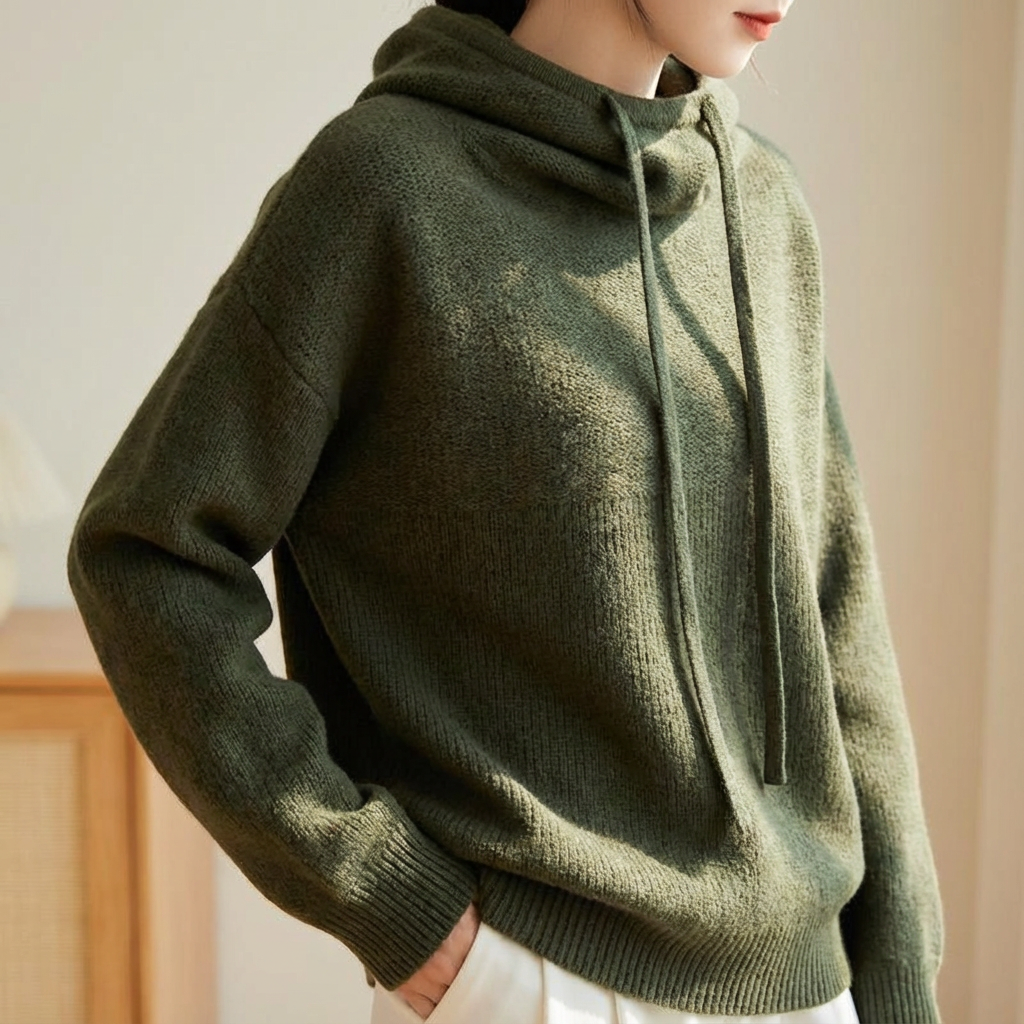 Felpa con cappuccio da donna in lana merino, vestibilità comoda con coulisse