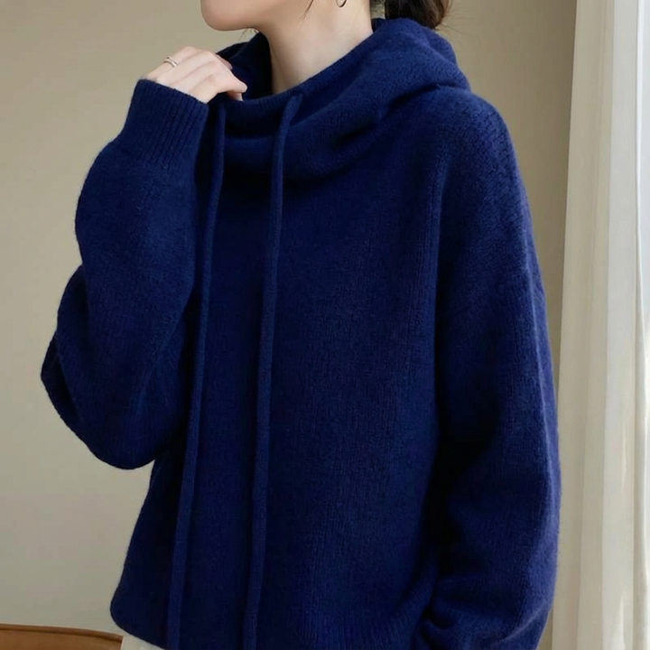 Felpa con cappuccio da donna in lana merino, vestibilità comoda con coulisse