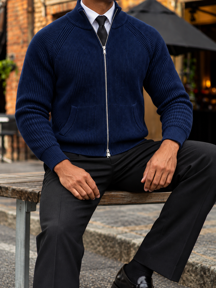 Cardigan Homme Maille Zip Intégral Col Montant Et Bords Côtelés