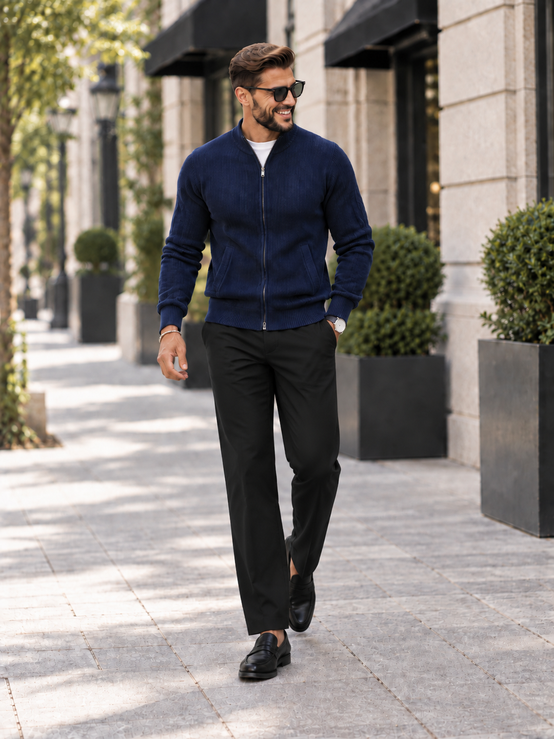Maglione da uomo in maglia fine con zip integrale, collo rialzato e bordi a coste