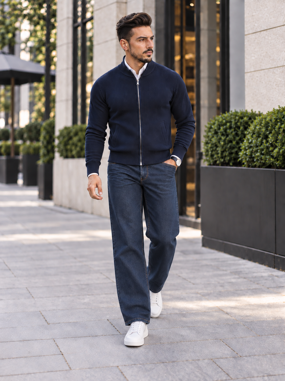 Maglione da uomo in maglia fine con zip integrale, collo rialzato e bordi a coste