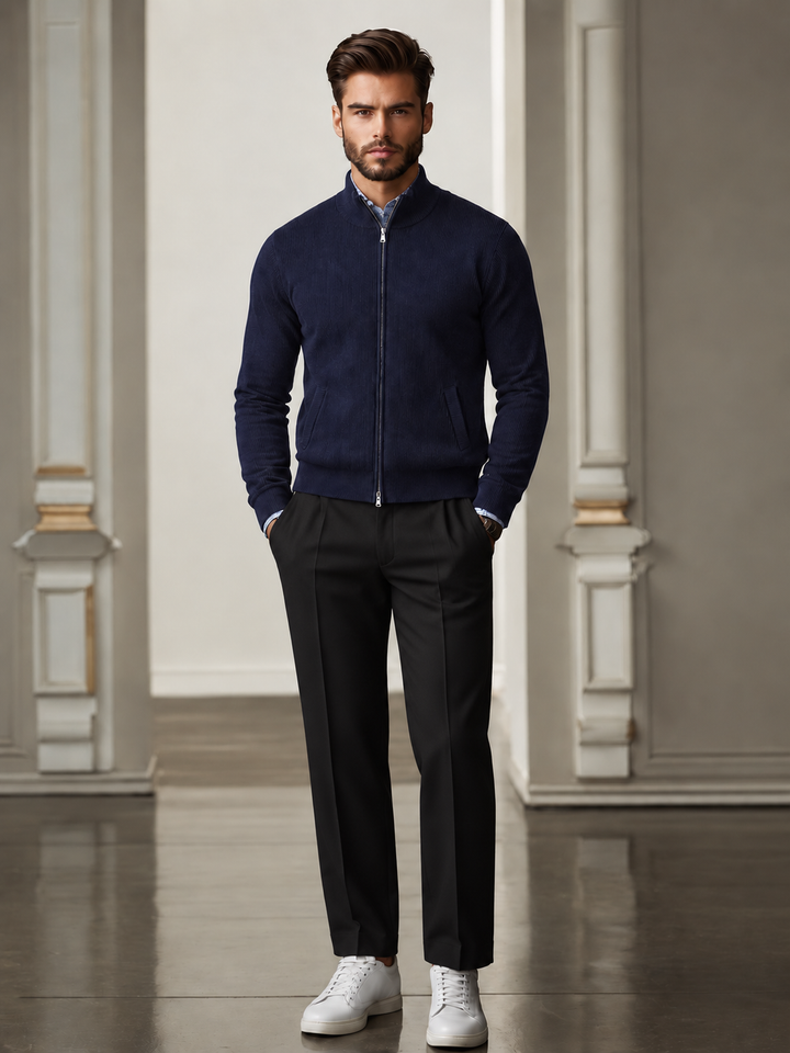 Maglione da uomo in maglia fine con zip integrale, collo rialzato e bordi a coste