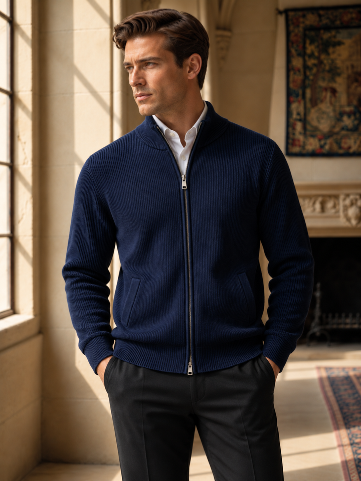 Maglione da uomo in maglia fine con zip integrale, collo rialzato e bordi a coste