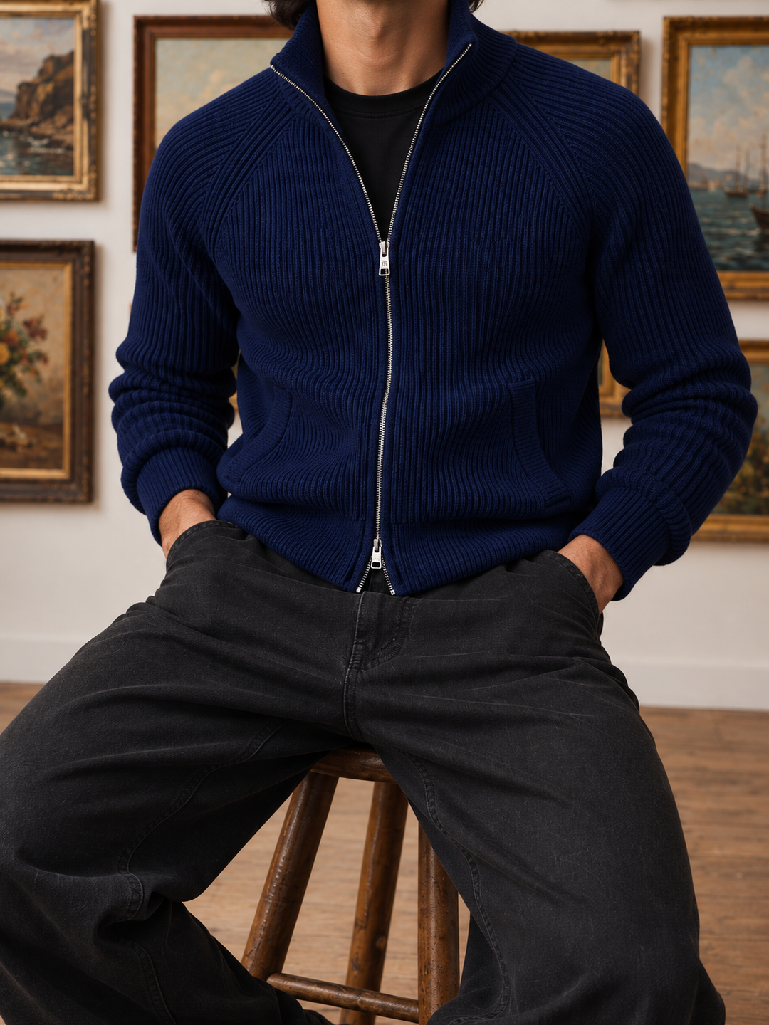 Cardigan Homme Maille Zip Intégral Col Montant Et Bords Côtelés