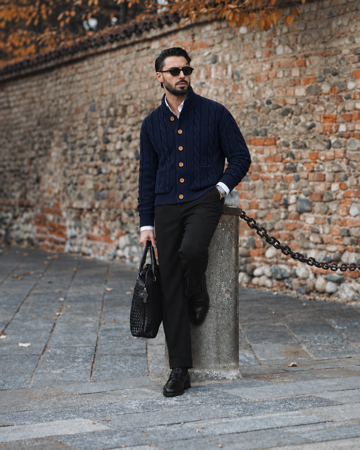Cardigan Homme Maille Torsadée Boutonné Avec Petit Col Montant