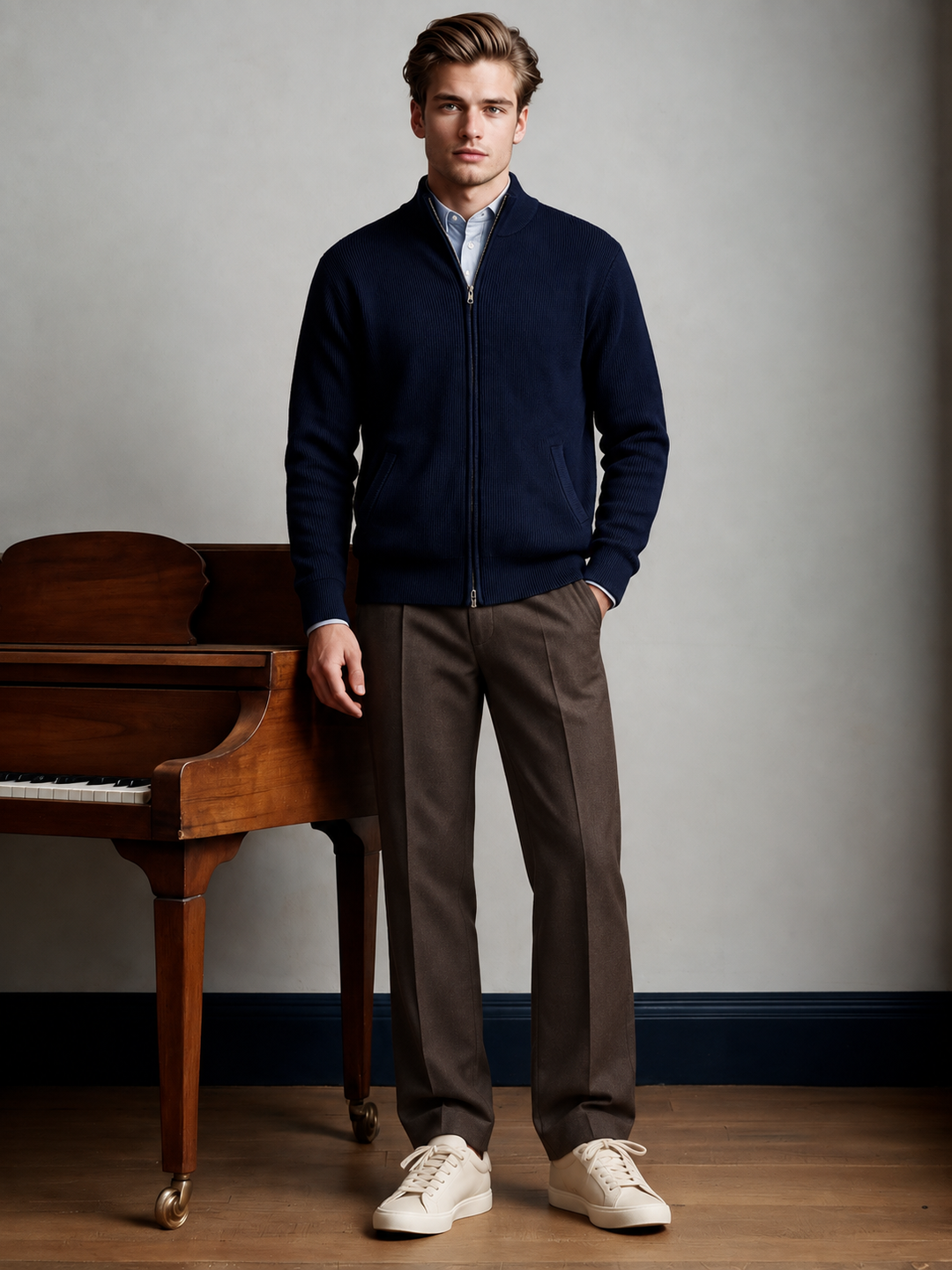 Maglione da uomo in maglia fine con zip integrale, collo rialzato e bordi a coste
